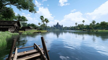 Fototapeta premium Peaceful lake view near ancient temple