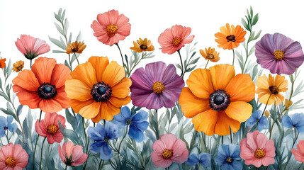 vibrant watercolor illustration of colorful bouquet featuring various flowers, including orange, pink, and blue blooms, surrounded by green leaves, creating cheerful and whimsical atmosphere