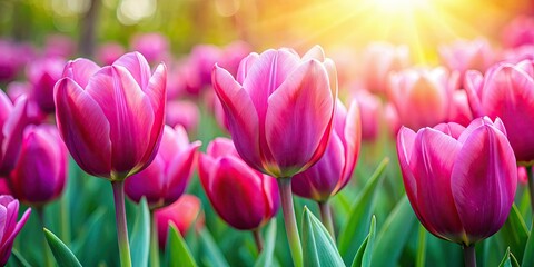 Naklejka premium A vibrant spring banner bursts with pink tulips, sharply focused against a bright, colorful backdrop.