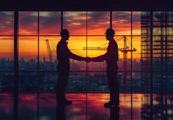 Two Construction Workers Shaking Hands Silhouette Against a Dramatic Sunset with Construction Cranes in the Background of an Urban Landscape