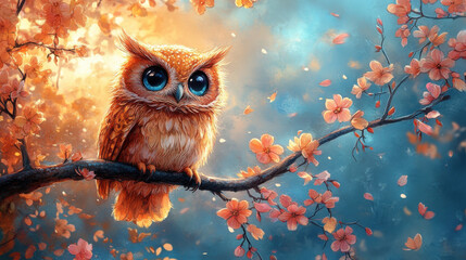 Fototapeta premium whimsical watercolor owl perched on branch surrounded by blooming flowers, capturing serene and magical atmosphere. vibrant colors evoke sense of wonder and tranquility