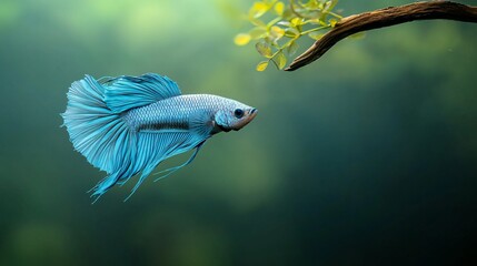 Close-Up Perspective of Majestic Betta Fish in Tranquil Aquatic Background with Flowing Blue Fins