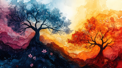 vibrant abstract watercolor design featuring two intertwined trees, one in cool blue tones and other in warm orange hues, symbolizing contrast of seasons