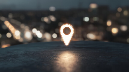 Neon Map Pin Icon with Pulsating Light Effect in Urban Setting