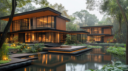 Obraz premium Modern architecture blending with nature, featuring lush greenery and serene water reflections. This tranquil setting showcases harmony between design and environment