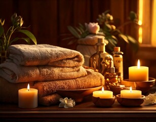 A spa setting with candles, rolled towels, essential oils, and a relaxing atmosphere.