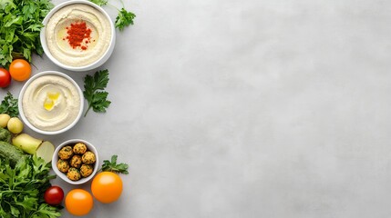 Traditional Middle Eastern breakfast of hummus foul falafel and zaatar Top view with space for text