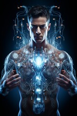Man in futuristic medical setting showing illuminated anatomy, high-tech style, glowing wires, and advanced healthcare concept