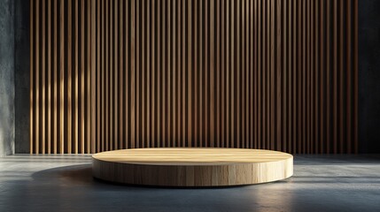 Wooden 3D podium set on a sleek floor framed by a backdrop of vertical slats Ideal for product presentation in a modern studio this empty wood stand is ready for cosmetics and beauty displays