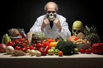 A skull-faced figure adorned with red seeds amid vibrant fruits and vegetables on a dark background, symbolizing mortality and health