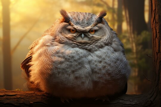 Round owl with intense stare resting on a branch in a forest with warm sunset light