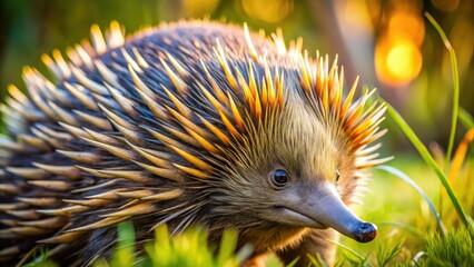 Obraz premium Close-up of a cute, spiny echidna, a unique Australian nocturnal mammal, captured using the rule of thirds.