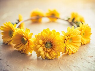 Close-up of a minimalist yellow flower headband; elegant, simple beauty.
