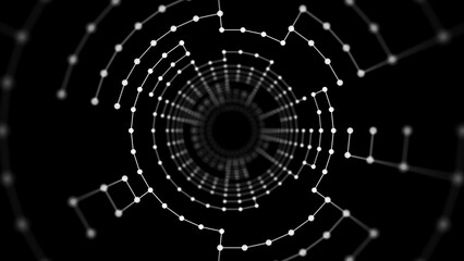 Fototapeta premium Abstract geometric tunnel of particles and lines. Network, connection of dots and lines. 3D funnel, wormhole or vortex. Technology background. 3d rendering.