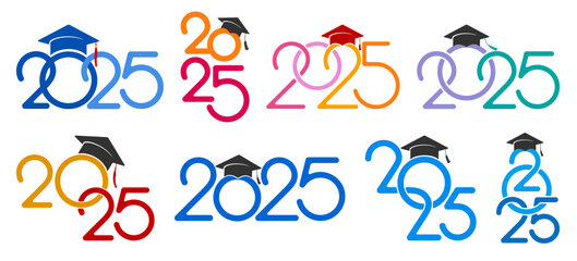 Class of 2025,  set of logo, badges for congratulations graduates, or other education events, with academic hat and numbers for high school, university, college graduation. Vector illustration