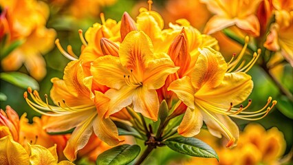 Fototapeta premium Close-up portrait: Vibrant yellow-orange azalea rhododendron blooms in stunning detail.