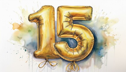 Gold birthday / anniversary party balloon, number 15, watercolor painting with white background
