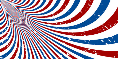 Fototapeta premium Retro sun rays with Usa colors background. Cartoon sunlight backdrop with grunge. 4th of July, American Independence Day. Vector background with stripes.