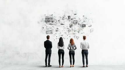 Dynamic team collaboration on whiteboard, innovative marketing strategy development, diverse ideas, brainstorming session