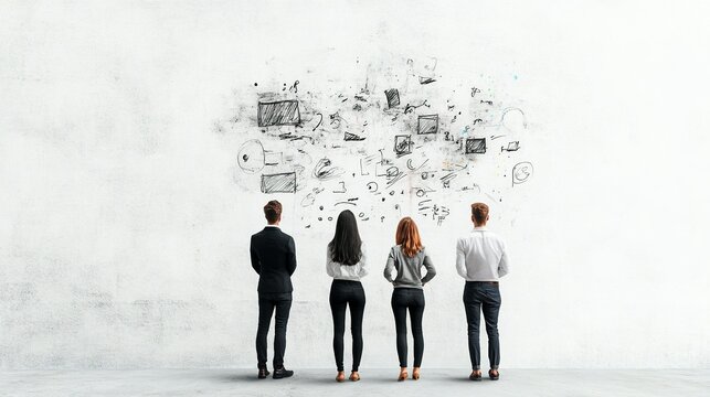 Dynamic team collaboration on whiteboard, innovative marketing strategy development, diverse ideas, brainstorming session