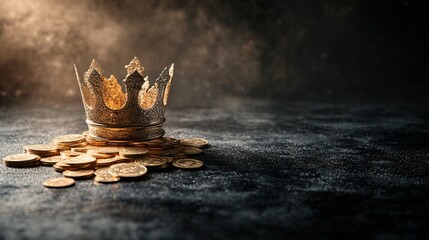 Golden coin crown, emblem of opulence and authority, intricate design, shimmering coins, regal presence, invoking status and prosperity