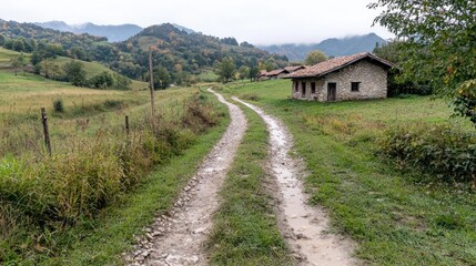 Rural road leads to stone houses in autumnal valley