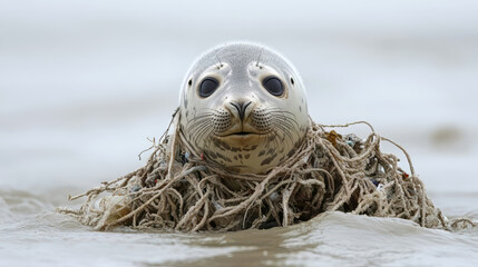 Close up photo of a harbour seal entangled in fishing net in water. Plastic net that kills marine animals. Pollution on marine environments and wildlife. Environmental conservation and ecology.