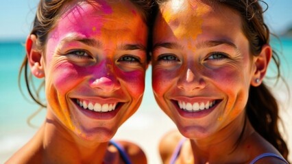 Fototapeta premium Happy faces of people covered in colors against the beach during Holi. Vibrant celebration of Holi on the ocean shore. The atmosphere is festive, happy, cheerful