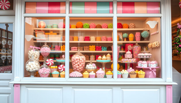 A vintage pastel candy shop window filled with colorful sweets and confectionery, realistic, with white tones