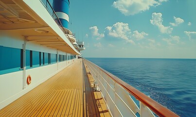 Fototapeta premium A 1960s cruise ship features white streamlined upper decks with teak wood and two blue funnels in the sunlight