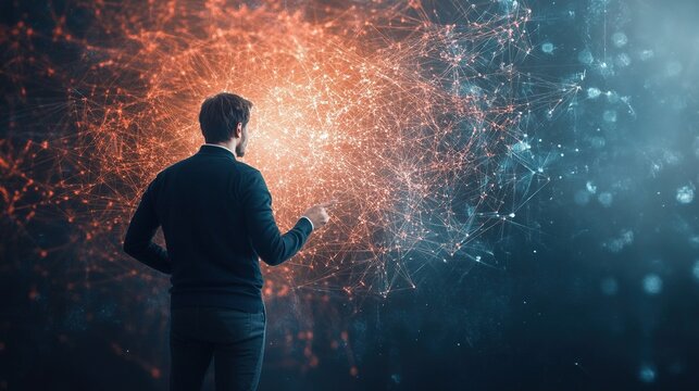 Data scientist engaged in deep analysis of holographic algorithmic models, immersed in a cutting-edge office environment