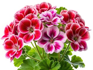 Obraz premium Delicate pelargonium blooms, isolated on white, showcasing vibrant garden flowers.