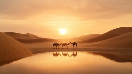 Fototapeta premium Desert Oasis Serenity, camels lounging by a tranquil waterhole, golden dunes bathed in warm light, a peaceful escape in nature's embrace