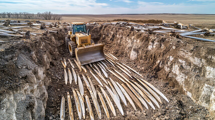 Wind turbine graveyard. Bulldozer burying into a large excavation many spent wind turbine blades. Non-recyclable wind turbines. Eco-friendly purpose of wind turbines and environmental damage.