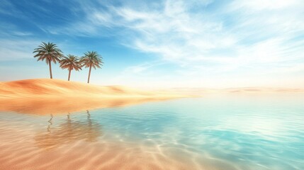 Obraz premium Desert Oasis Serenity, tranquil waters mirroring golden dunes, swaying palms offering shade, a peaceful retreat in arid beauty