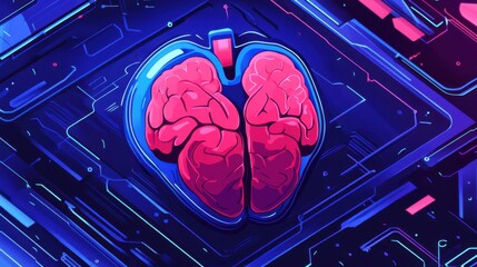 Vibrant digital illustration of a brain against a futuristic tech background, showcasing neural connections