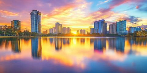 Fototapeta premium City Skyline with Skyscrapers and Sunset Reflection on Water
