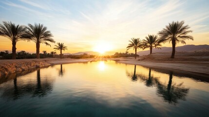 Obraz premium Desert Oasis Serenity, lush palm trees surround glistening water reflecting the sun's warm embrace, a tranquil escape in the arid landscape