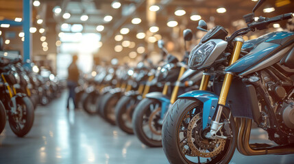 Moto store with touring bikes different colors are standing in row. Touring bikes parked in a motorcycle shop with blurred background. Touring bikes designed for long-distance travel. Ready for sale.