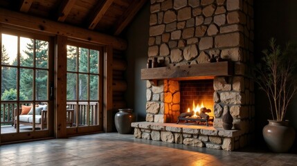 Cozy stone fireplace in a rustic log cabin with a view