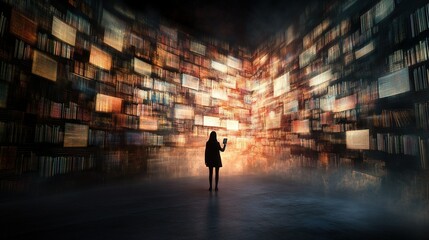 Hybrid Library Design, Innovative digital book display merging physical shelves with virtual access, enhancing educational experiences in schools