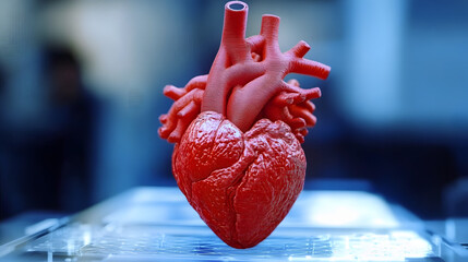 Hyper-realistic 3D print of a human heart emerging from a sophisticated bioprinter