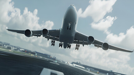 Obraz premium Airplane Lift-Off Scene on the Runway in 3D, 3D Visualization of an Airplane Taking Off from the Runway