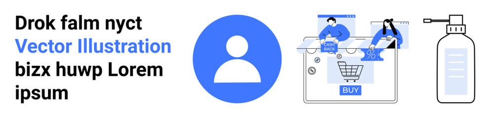 Blue user icon, people using laptops for online shopping, shopping cart with BUY button, and sanitizer bottle. Ideal for e-commerce, online retail, shopping, digital marketing, web development