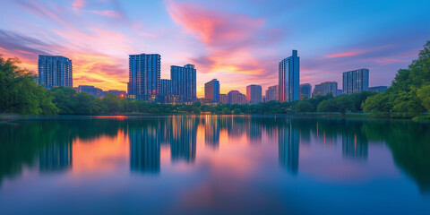 Fototapeta premium City Skyline with Skyscrapers and Sunset Reflection on Water