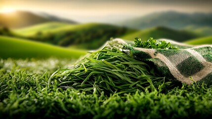 Serene Sunset Green Grass Blanket Landscape. AI Generated