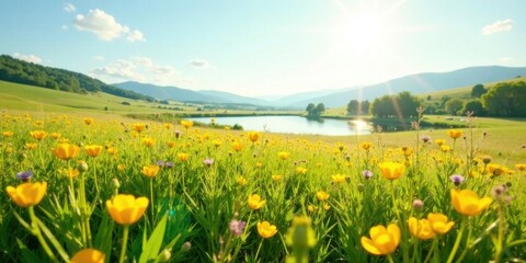 Fototapeta premium Sunny Meadow Landscape with Vibrant Yellow Flowers and Calm Lake