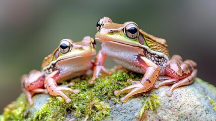 Naklejka premium Two green and brown frogs sitting together on a moss-covered stone in their natural habitat during the day.