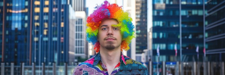 Young man in multicolored wig and shirt celebrates self-expression
