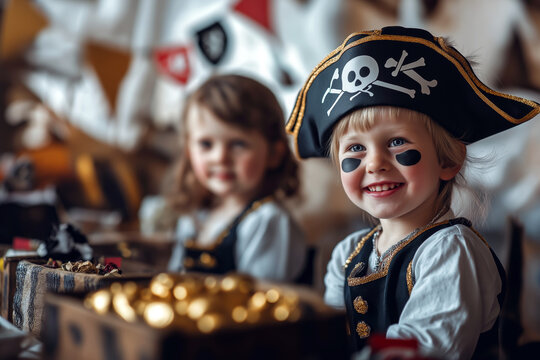 Themed pirate birthday party with children dressed as pirates, wearing hats, treasure chest centerpiece, and pirate ship decor.